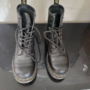 Dr. Martens Black Leather Combat Boots with Yellow Stitching